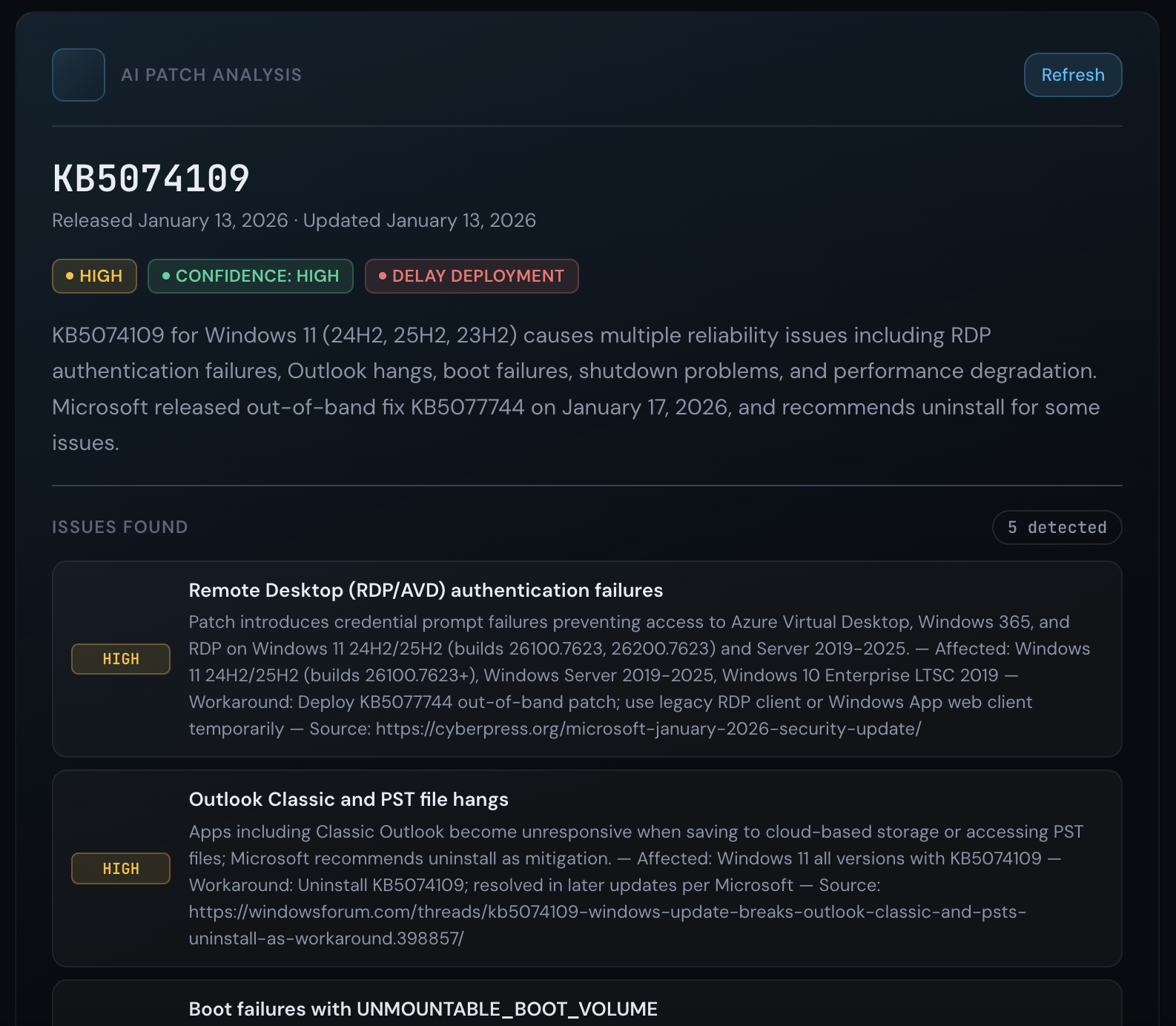 AI Patch Analysis showing severity scoring, issue detection, and deploy/delay recommendations
